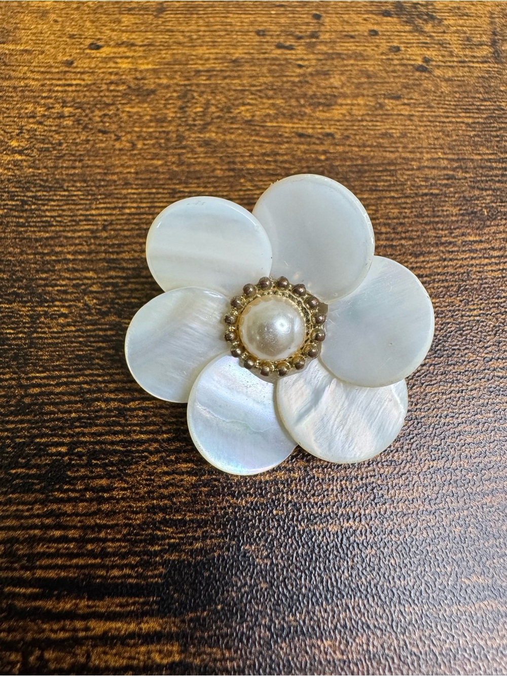 Mother-of-Pearl Floral Brooch with Pearl Signed Dresden Floral made in England